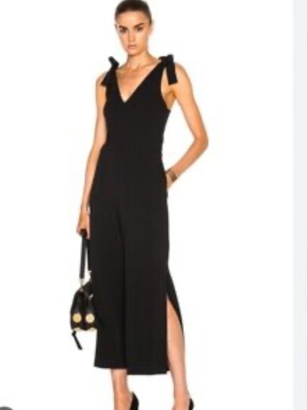 See by Chloé Black Jumpsuit Tie Shoulder Straps Smocked Back Wide Leg Size S - Picture 2 of 12